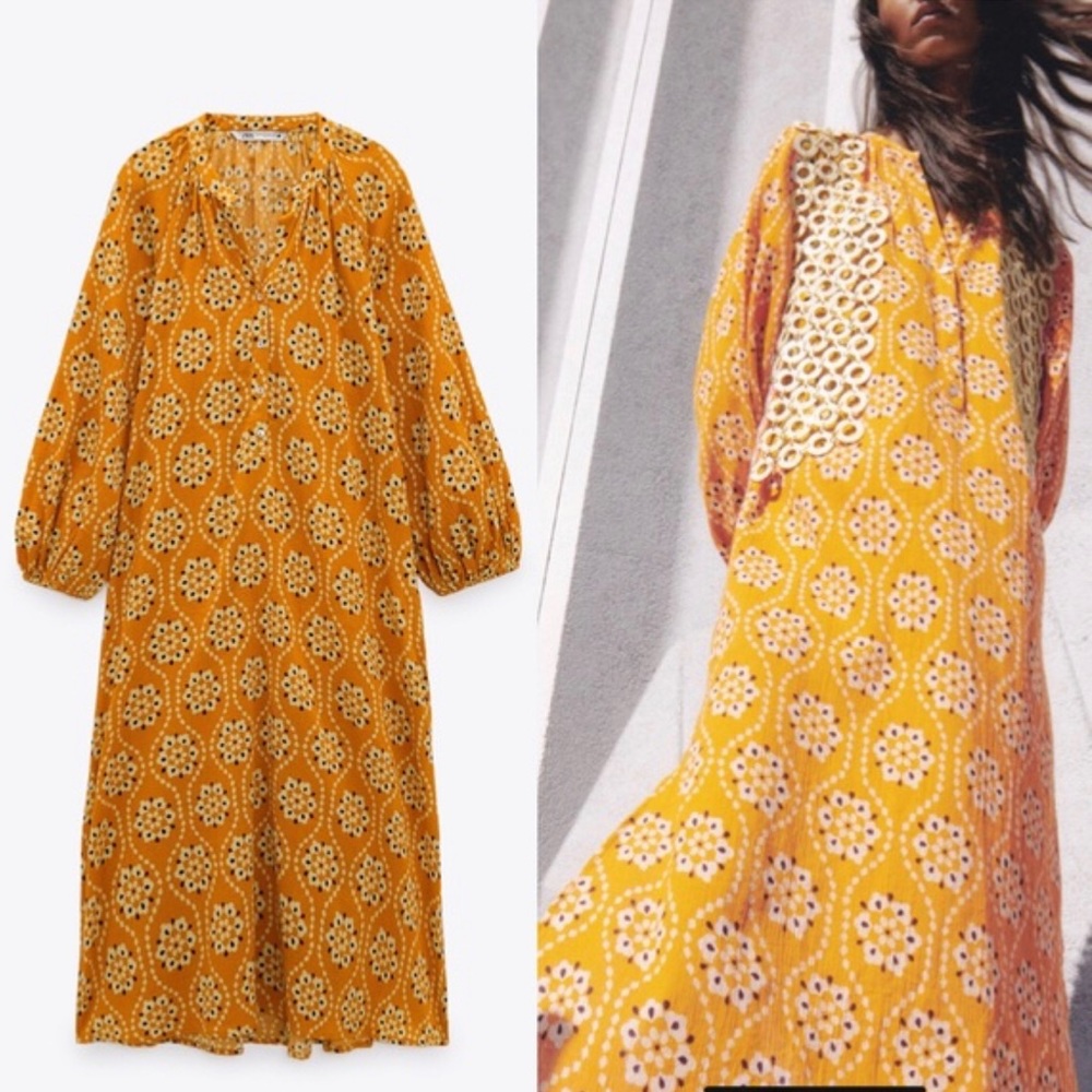 Zara Floral Caftan Style Yellow Curry Printed Long Sleeve Dress L